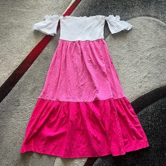 Petal & Pup Colorblock Pink Smocked Off Shoulder Dress - Picture 2 of 4
